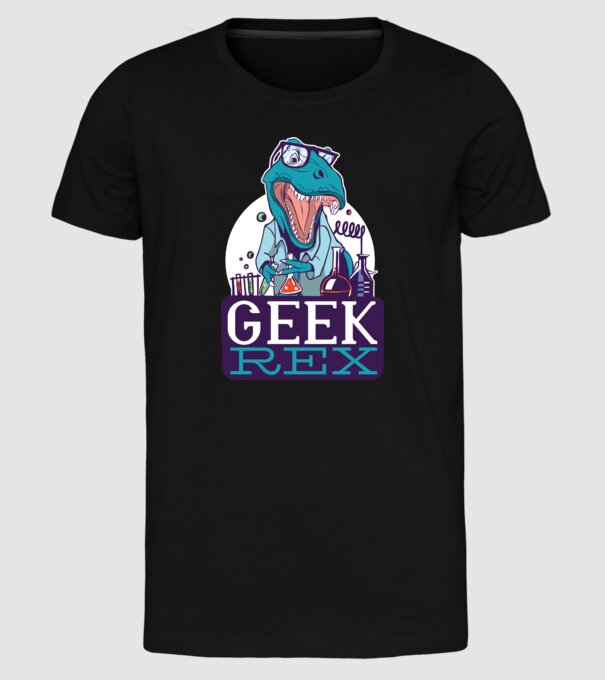 Geek Rex dinozaur tricou model negru pe tricou