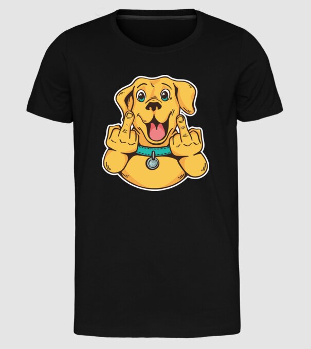 Golden Retriever arată degetul model negru pe tricou