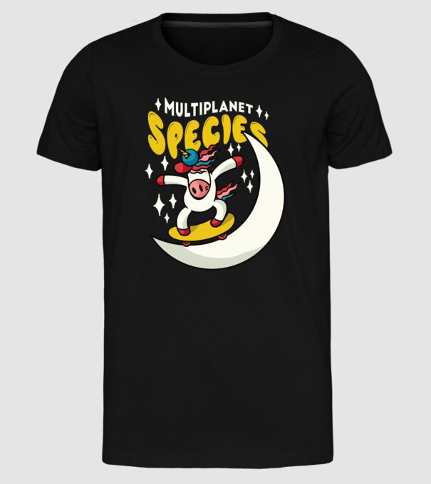 Skateboarding unicorn model negru pe tricou