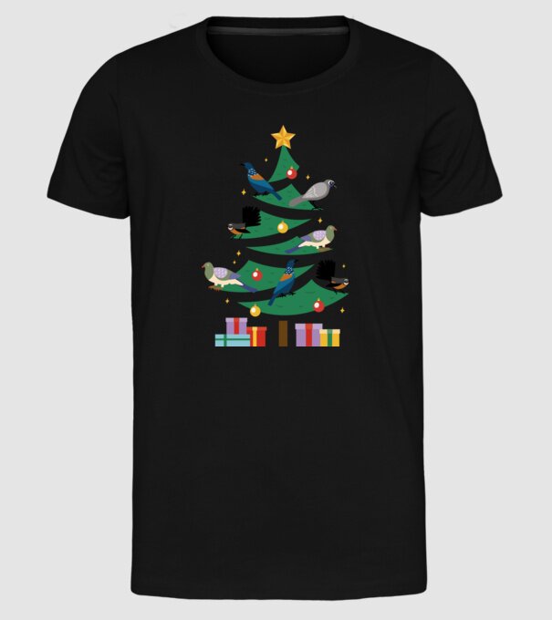 Pom de Crăciun cu păsări model negru pe tricou