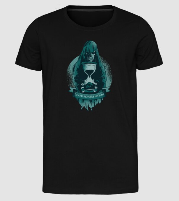 Om cu coasă (Moartea?) model negru pe tricou