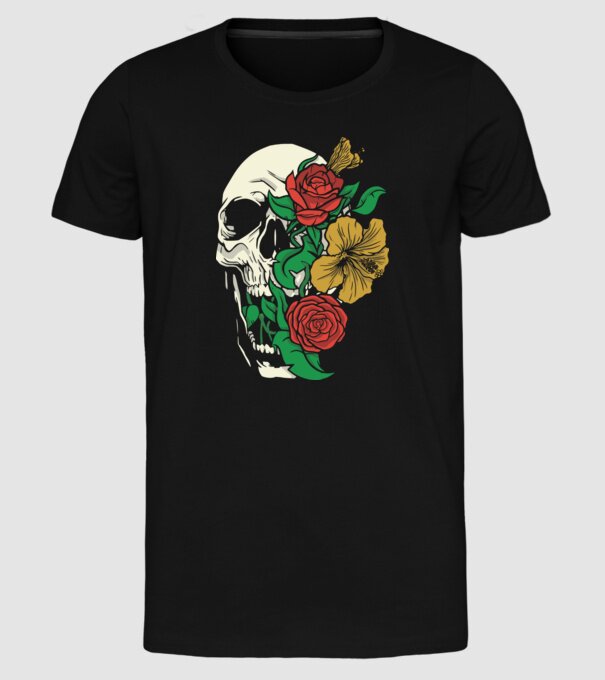 Trandafir craniu model negru pe tricou