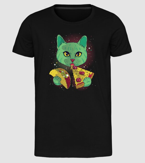 Pisică Cosmică Pizza și Taco model negru pe tricou