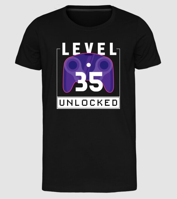 Level 35 Unlocked Gamer Birthday model negru pe tricou