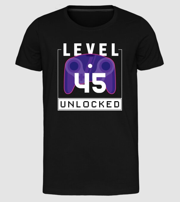 Level 45 Unlocked Gamer Birthday model negru pe tricou