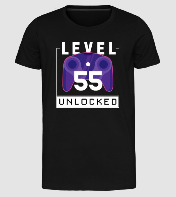 Level 55 Unlocked Gamer Birthday model negru pe tricou