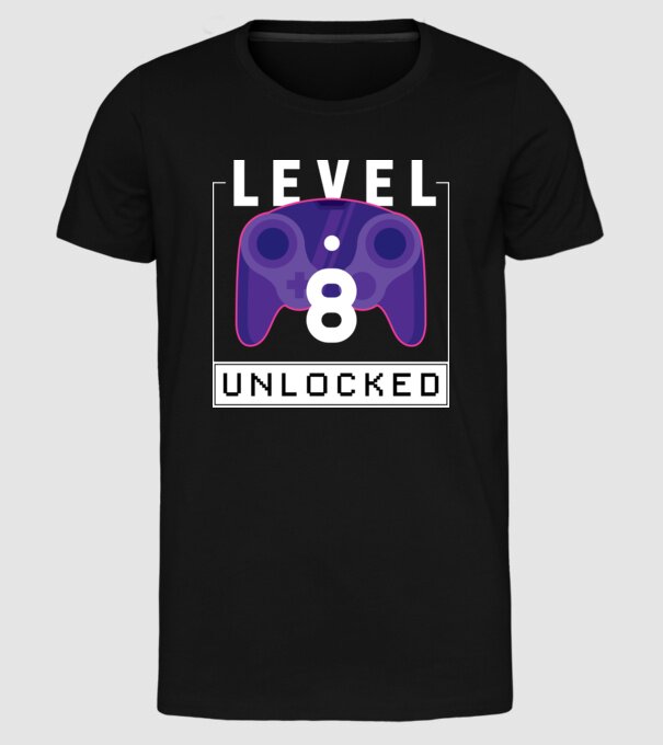 Level 8 Unlocked Gamer Birthday model negru pe tricou