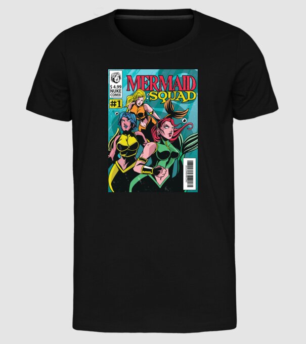 benzi desenate Mermaid Squad model negru pe tricou