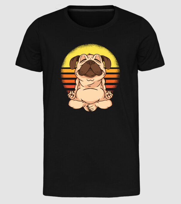 Mops Yoga tricou model negru pe tricou