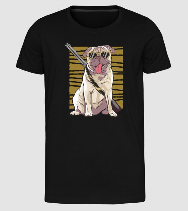 Mops cu pușcă tricou amuzant cu câine model negru pe tricou