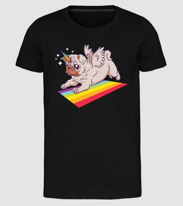 Mops unicorn model negru pe tricou