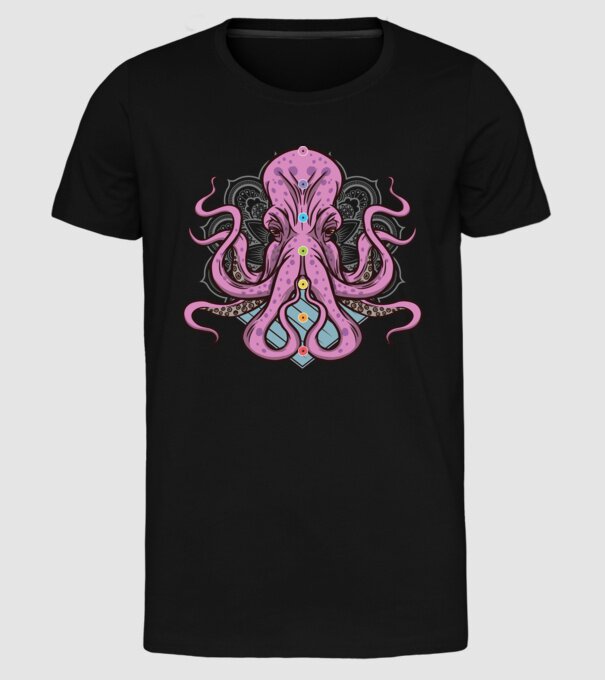 Yoga Octopus model negru pe tricou