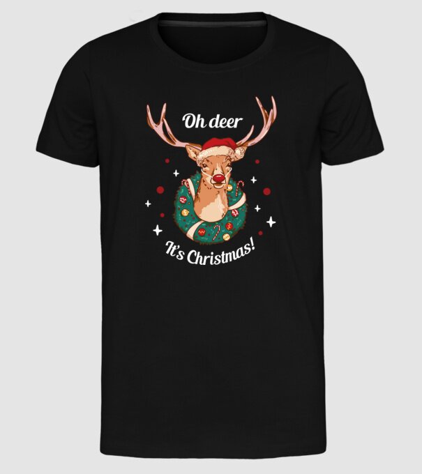Oh deer, Christmas is here model negru pe tricou