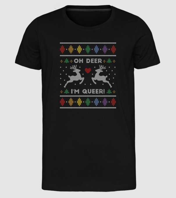 'Oh Deer, I''m Queer Ugly Sweater' model negru pe tricou