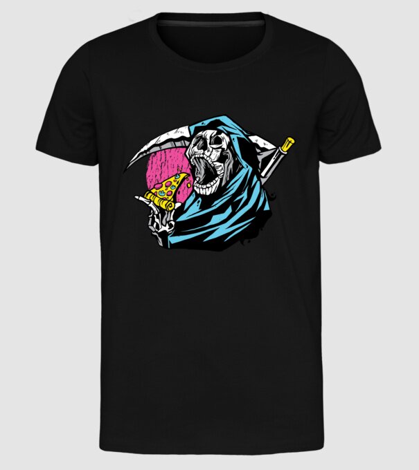 Om cu coasă și pizza model negru pe tricou