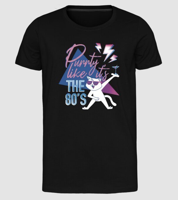 'Purrty Like it''s the 80''s' model negru pe tricou