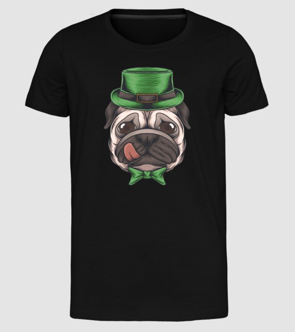 Mops Sfântul Patrick model negru pe tricou
