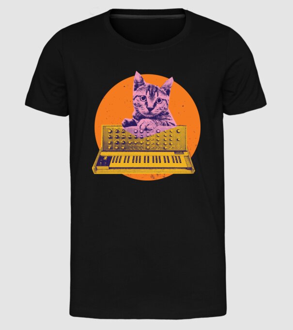 Pisică cu sintetizator model negru pe tricou