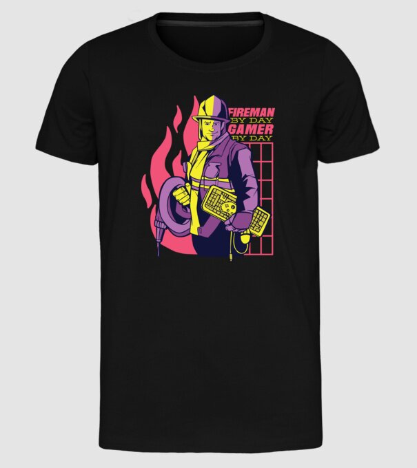 Pompier ziua, Gamer noaptea model negru pe tricou