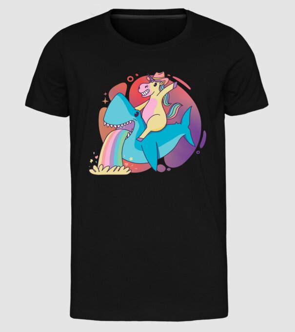 Unicorn pe rechin model negru pe tricou