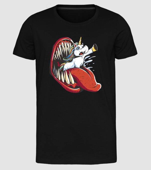 În gura monstrului Unicorn model negru pe tricou