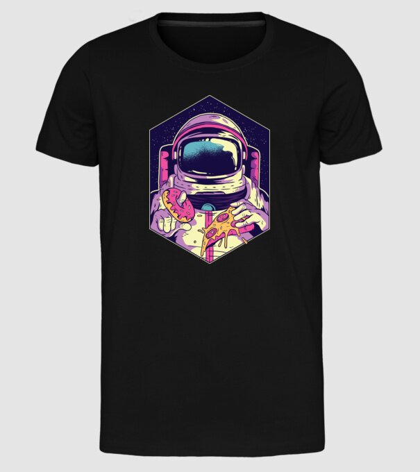 Astronaut Gogoașă și Pizza model negru pe tricou