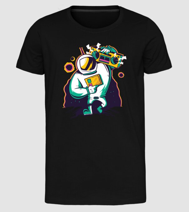 Astronaut cu casetofon model negru pe tricou