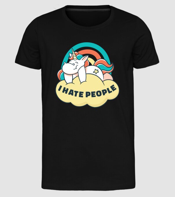 Urăsc oamenii Unicorn model negru pe tricou