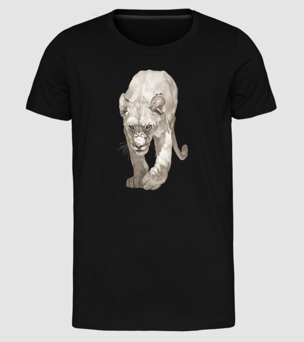 white lion model negru pe tricou