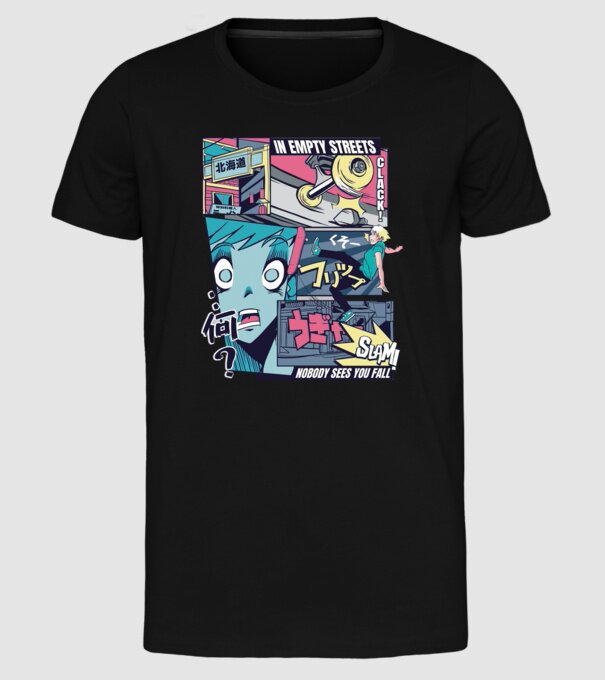 Anime Vaporwave Benzi desenate Skateboard model negru pe tricou
