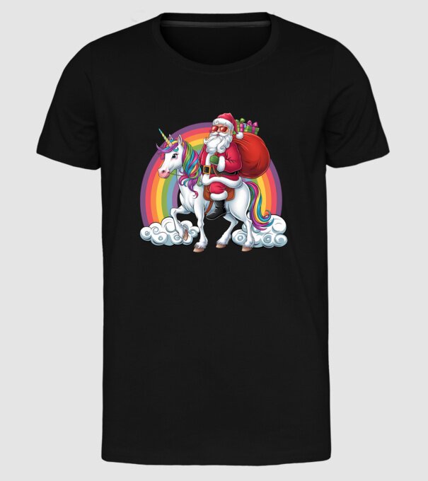 Moș Crăciun cool pe un unicorn 2 model negru pe tricou