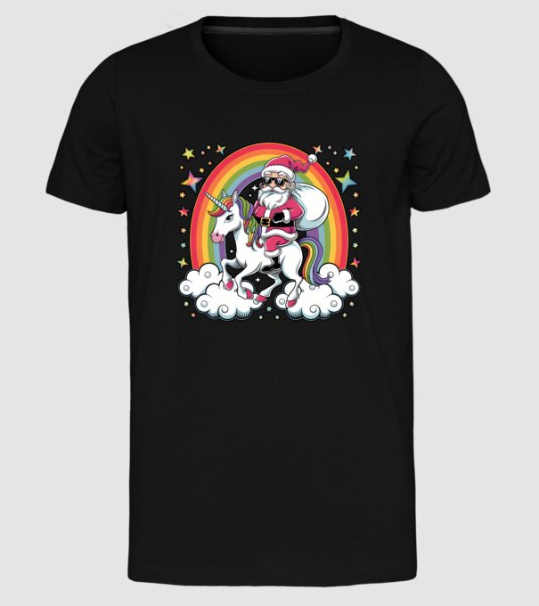 Moș Crăciun cool pe un unicorn model negru pe tricou