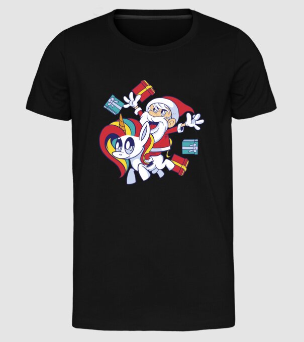Moș Crăciun pe un unicorn model negru pe tricou
