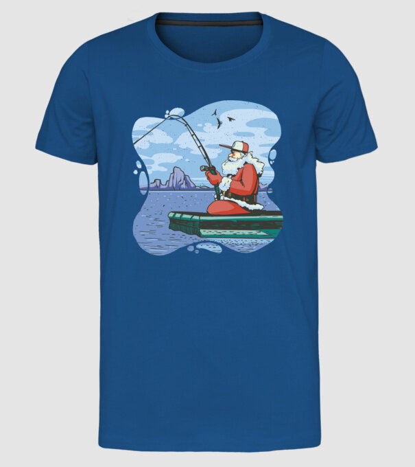 Moș Crăciun la pescuit model albastru regal pe tricou