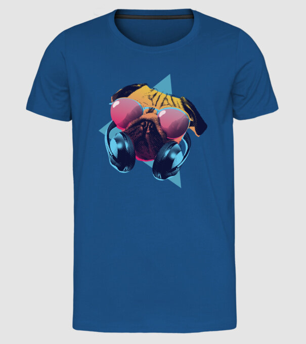 Mops cu căști model albastru regal pe tricou