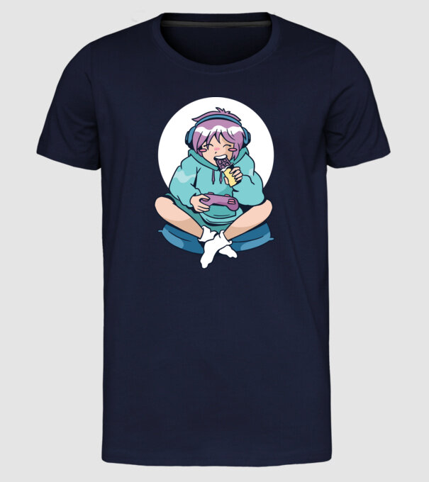 Anime Gamer Fată cu ciocolată model albastru închis pe tricou