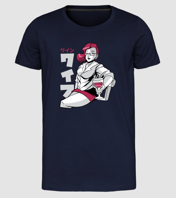 Anime fată cu vin model albastru închis pe tricou