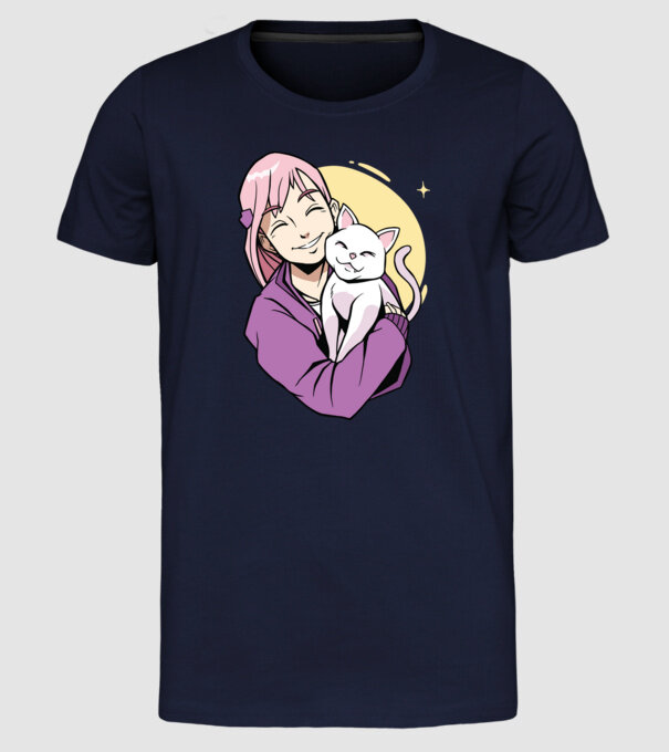 Anime fată cu pisică model albastru închis pe tricou