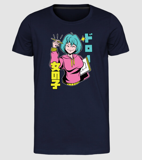 Anime fată desenând model albastru închis pe tricou