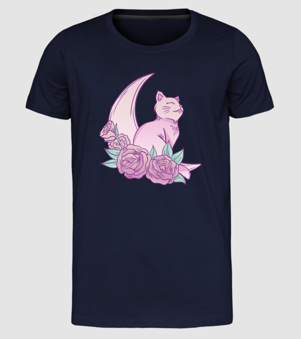 Pisică pe lună model albastru închis pe tricou