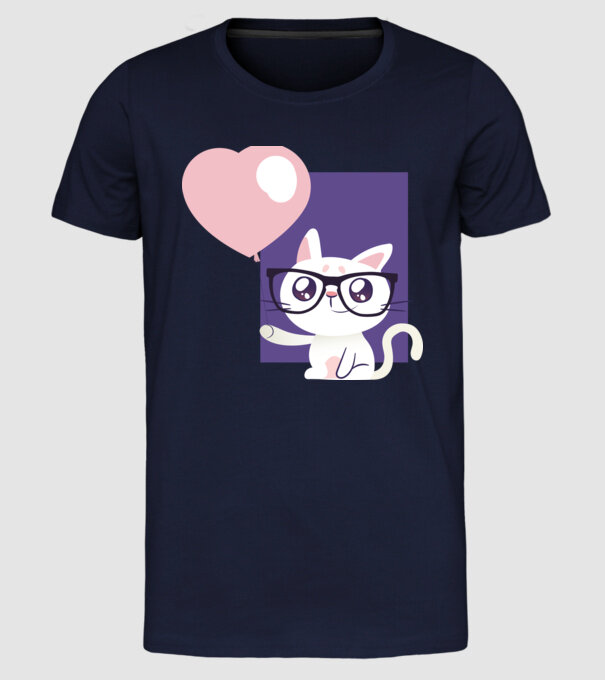 Inimă Pisică cu balon model albastru închis pe tricou