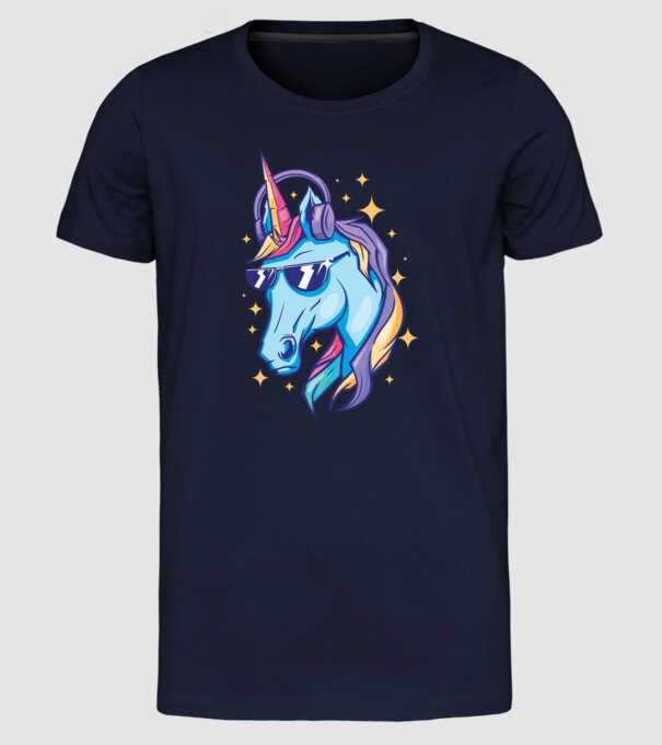 Unicorn strălucitor cu căști model albastru închis pe tricou