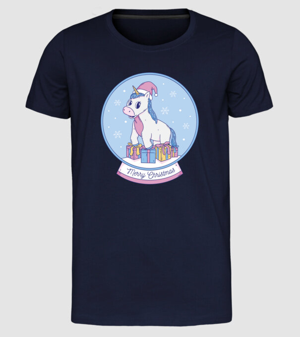 Glob de zăpadă drăguț, de Crăciun, cu Unicorn model albastru închis pe tricou