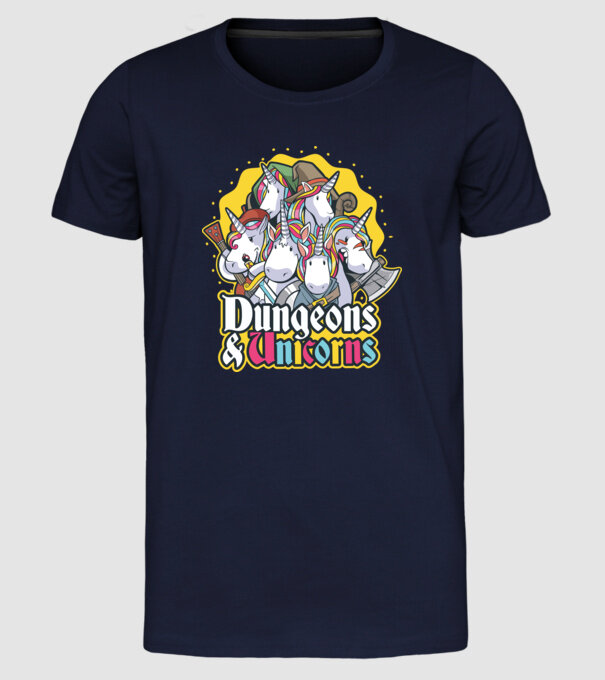 Dungeons and Unicorns model albastru închis pe tricou