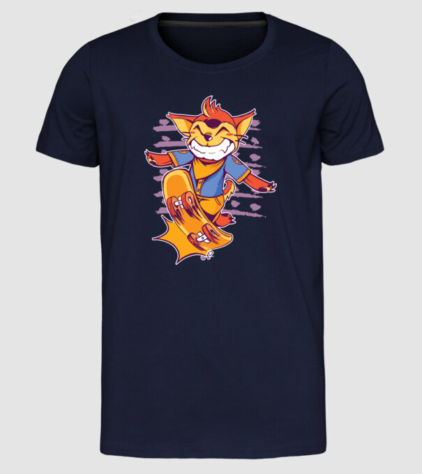 Vulpe Skateboarder model albastru închis pe tricou