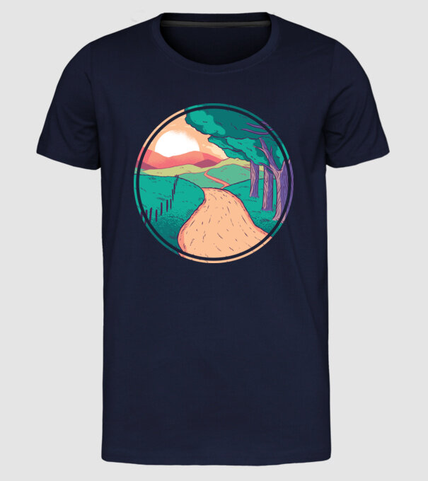 Drum spre casă la apus de soare model albastru închis pe tricou