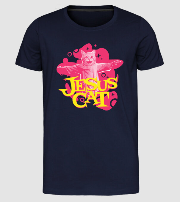 Jesus Cat model albastru închis pe tricou
