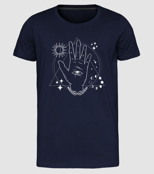 Mână Ochi atotvăzător model albastru închis pe tricou
