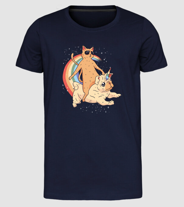 Pisică și Mops unicorn model albastru închis pe tricou