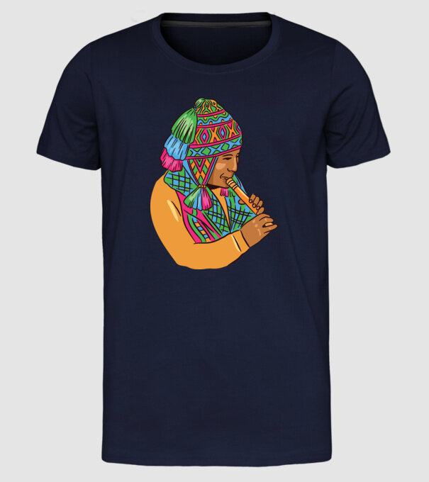 Muzician peruan indigen model albastru închis pe tricou
